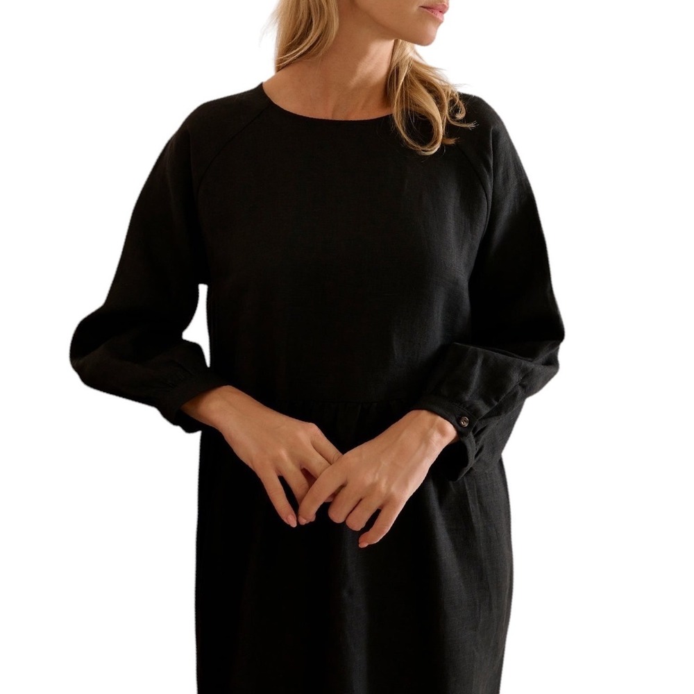 Sauths Black Linen Smock Dress Womens Size M Raglan Long Sleeve Midi Capri - Picture 3 of 13